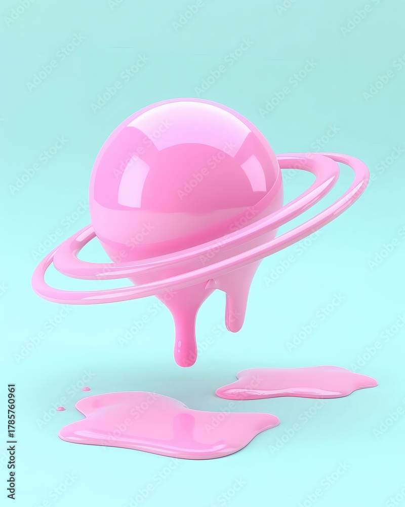 Fototapeta premium Pink planet with rings melting on blue background