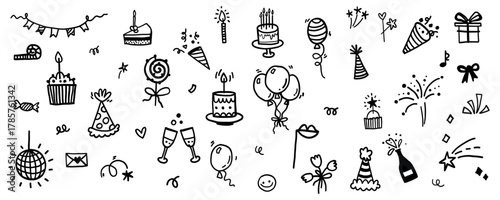 Cute vector happy birthday party icon hand drawn doodle set with garlands, cake, balloons, fireworks, bunting. Celebrate the happy anniversary, wedding day collection