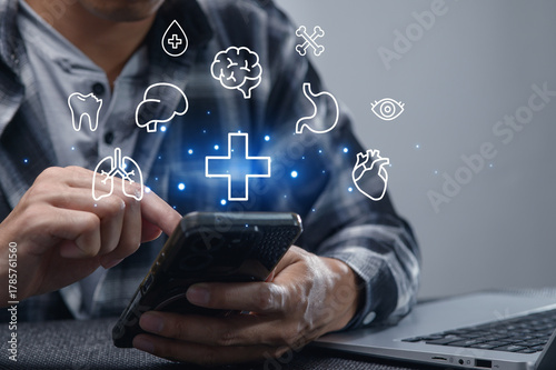 Person Engaging with Health Icons on Smartphone in Digital Space