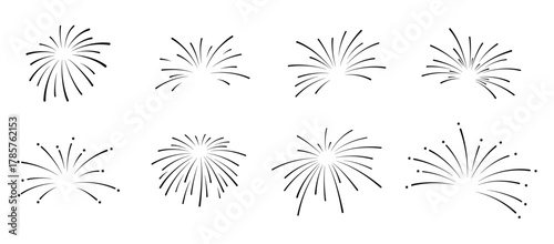 A set of fireworks icons, vector illustration, isolated on a white background. A graphic holiday element for design, postcards, posters, and Christmas. Sparks, lights, explosions, flashes in the sky