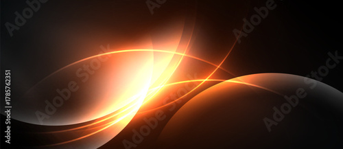 Abstract design features glowing orange curves, dark background. Smooth shapes create dynamic visual effect. Light radiates from central point.