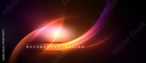 Abstract background features vibrant orange, purple hues. Smooth curves radiate from central light source. Modern design element.