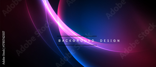 Abstract neon lines create flowing shapes. Dark background contrasts vibrant blue, pink hues. Modern design element.