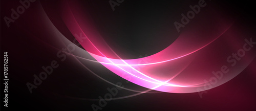 Abstract pink curves radiate from central bright light. Dark background creates dramatic visual effect. Smooth lines suggest movement, energy.