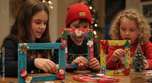 柔らかな温かい光が降り注ぐ中 子供たちがクリスマスフレームを真剣に手作りする様子 笑顔で協力し合い装飾を施す創造的で楽しいホリデーの瞬間. AI Generated