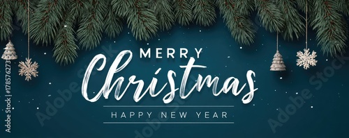 christmas greeting card with fir branch border and hanging decoration illustration