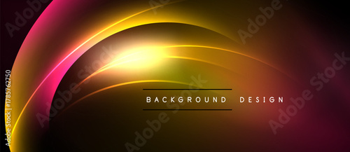 Abstract glowing curves, warm colors blend. Bright center radiates light, dark background contrasts design elements. Simple text overlay present.