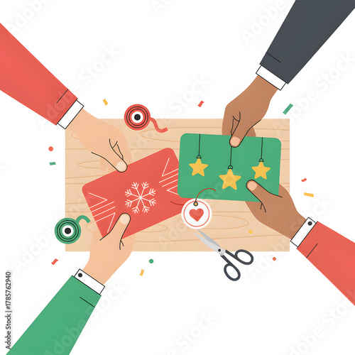 Christmas card exchange flat vector, hands exchanging beautifully designed modern Christmas cards