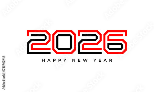 Happy new year 2026 text design in modern red and black outline style for greeting cards, banners. Vector Happy new year 2026 design. 2026 logo text design.