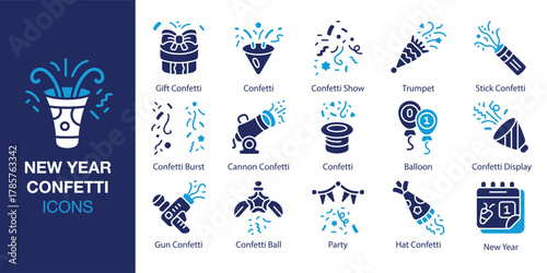 New Year Confetti Icon set. Containing party, countdown, midnight, fireworks, sparkle and more. Solid vector icons collection. Vector illustration.