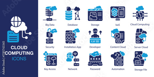 Cloud Computing Icon set. Containing storage, database, network, virtualization, devops and more. Solid vector icons collection. Vector illustration.