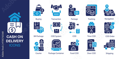 Cash On Delivery Icon set. Containing parcel, package, shipping, doorstep, order and more. Solid vector icons collection. Vector illustration.