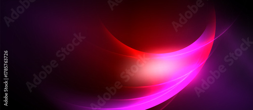 Abstract design features vibrant curves, gradients. Red, pink, purple hues blend into darkness. Smooth shapes suggest movement, energy.