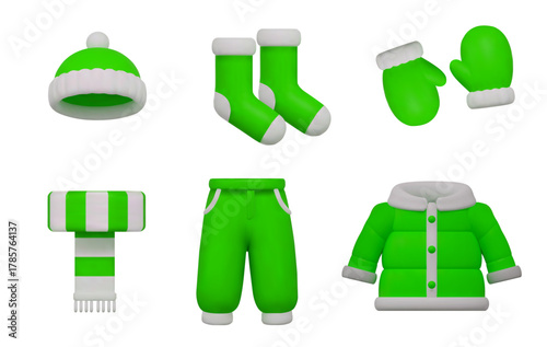 3d green socks,down jacket,striped scarf, mittens, hat, warm pants icon. Winter clothing. Stock vector illustration on isolated background.
