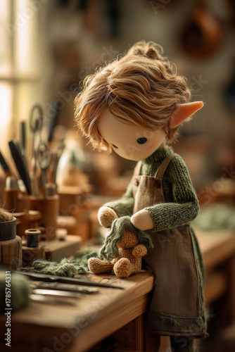 Workshop elf stitching plush toy at tidy wooden bench with organized tools