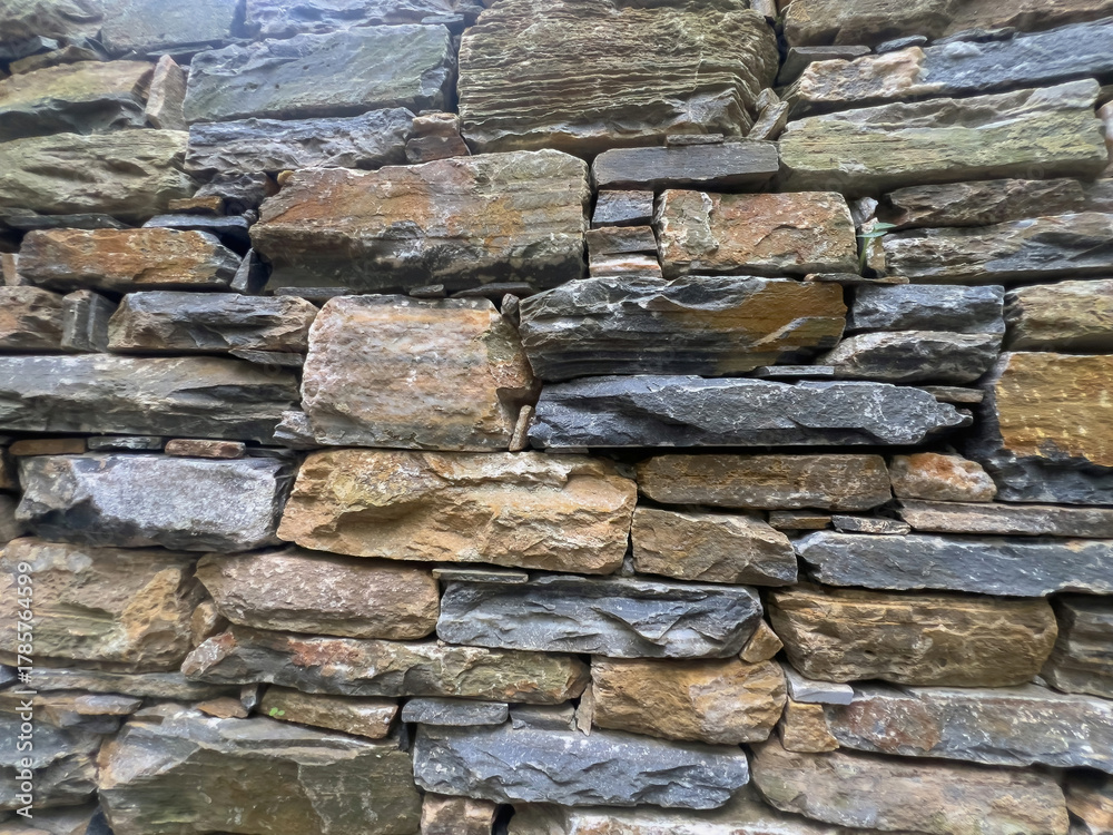 Fototapeta premium Close-up of rustic stone wall with varied textures and colors