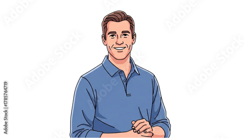 Smiling man in a blue shirt with clasped hands, representing joy and optimism