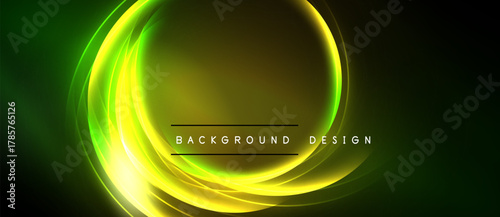 Abstract neon lights create circular glow. Green, yellow hues blend into dark background. Text reads background design.