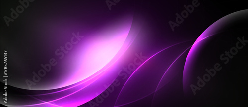 Abstract background features flowing purple curves, bright center glow. Dark shades dominate composition, creating dynamic visual effect.