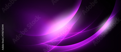 Abstract purple waves, glowing light effects. Smooth curves create dynamic visual energy, dark background enhances luminosity.