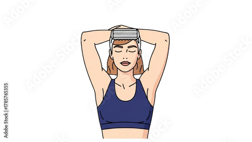 Woman exercising with a band around her head and hands behind her neck