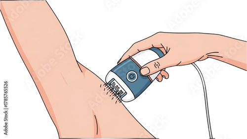 Illustration of a person's armpit being epilated with an electric device for smooth skin care and personal grooming routine