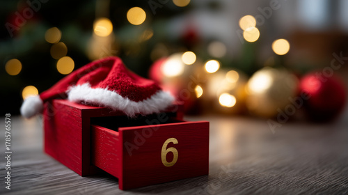 A festive still-life Christmas scene featuring a bright red wooden advent calendar with golden numbers. One drawer, number 6, is slightly open and decorated with a small Santa hat,