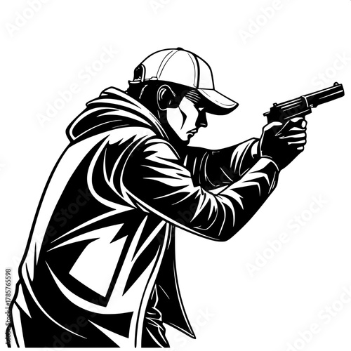 Graphic Crime Scene Aesthetic

Black-and-white stylized depiction of a shooter in a baseball cap aiming a pistol, viewed from a side angle. Harsh lighting and bold outlines create a tense, graphic nov