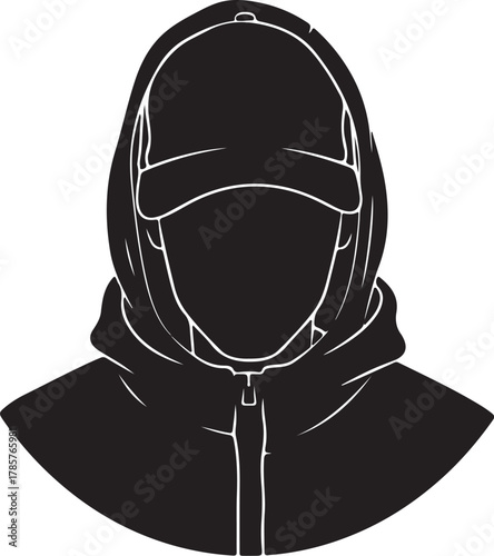 Silhouette of a person wearing a hooded jacket and baseball cap on a white background male head on transparent background