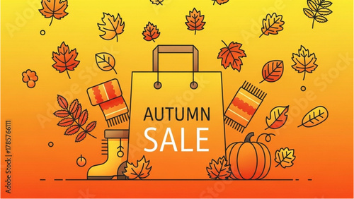 Vibrant autumn sale banner with falling leaves and seasonal shopping essentials for promotional events