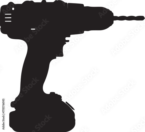 Black Silhouette of a Cordless Power Drill with Battery Pack Keywords: drill, power drill, cordless drill, tool, electric drill, construction, DIY, hardware, workshop, on transparent background