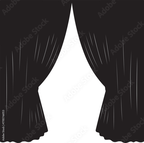 Black Silhouette of Open Curtains Revealing White Space Keywords: curtain, curtains, stage, theater, opening, reveal, drama, performance, drape, fabric, black, white, on transparent background