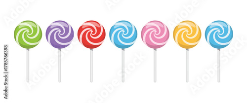 Colorful Lollipop Vector Icons – Swirl and Spiral Candy on a Stick, Cute Cartoon Sweet Set Isolated on White Background for Kids, Dessert and Candy Design