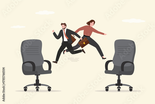Business man and woman jump on office chair metaphor of job rotation. employee switch position for new skill and experience, moving to new responsibility within organization