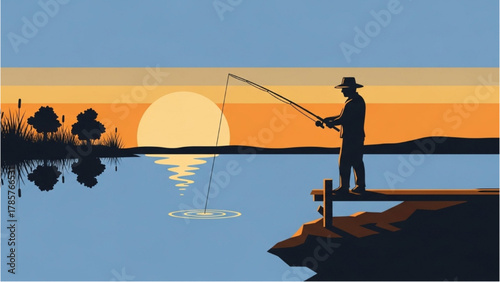 Fishing Silhouette at Sunset Tranquil Scene of a Fisherman on a Pier