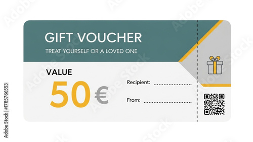 Modern gift voucher template design with a 50 euro value for business promotions and customer loyalty