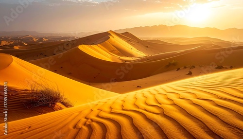 Fototapeta Naklejka Na Ścianę i Meble -  Warm desert landscape featuring rolling sand dunes, small plants, and a bright sun near mountains