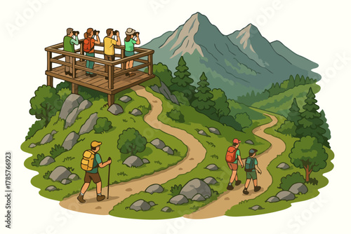 Group of hikers exploring mountain trail with scenic viewpoint and diverse landscape