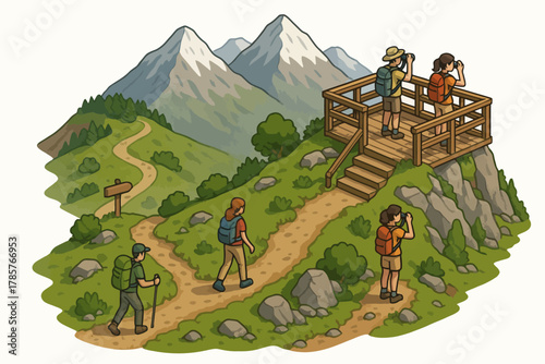 Diverse group hiking in mountainous landscape with observation deck
