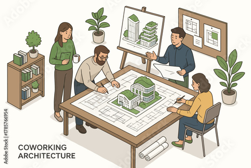 Team collaboration on sustainable architectural design in modern coworking space