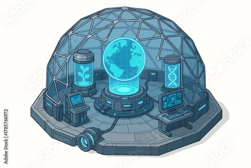 Futuristic geodesic dome with holographic globe and technology features