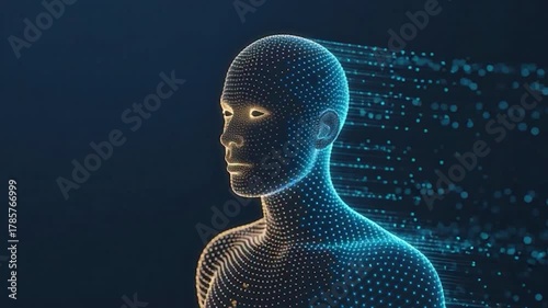 Digital Humanoid Body Disintegrating into Data Stream on Dark Blue Background