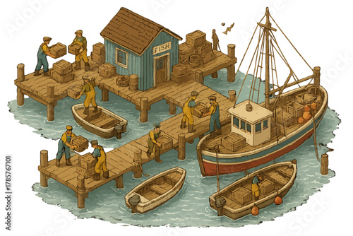 Vintage dock scene: fishermen unloading catch from fishing boats