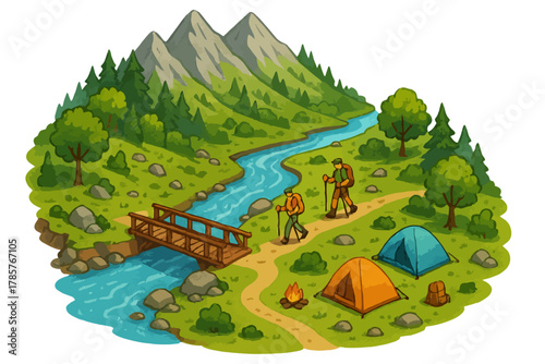 Scenic mountain hike with campers by river and bridge in lush forest