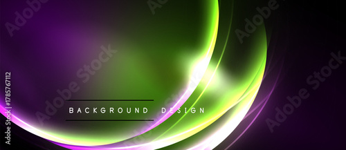 Vibrant abstract curves blend purple, green, white. Smooth gradients create dynamic visual effect. Modern design element.