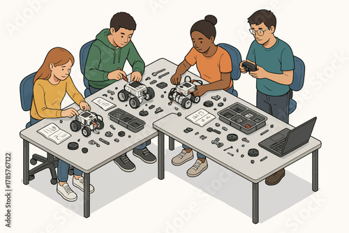 Diverse teens engaging in robotics workshop building and programming robots