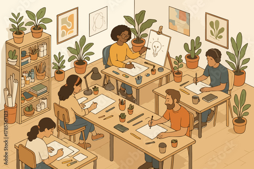 Creative art class with diverse adults sketching in a cozy studio setting