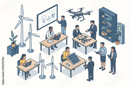 Diverse professionals collaborate on renewable energy and drone technology in modern office