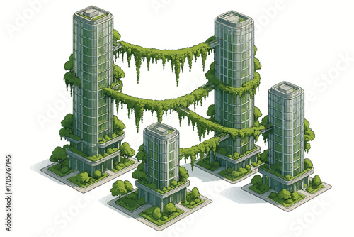 Futuristic green skyscrapers with interconnecting vines and lush vegetation
