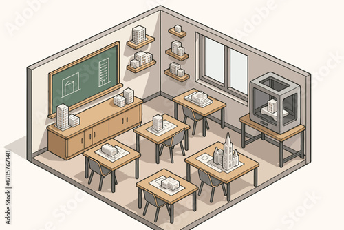 Innovative classroom with 3d printer and architectural models on desks